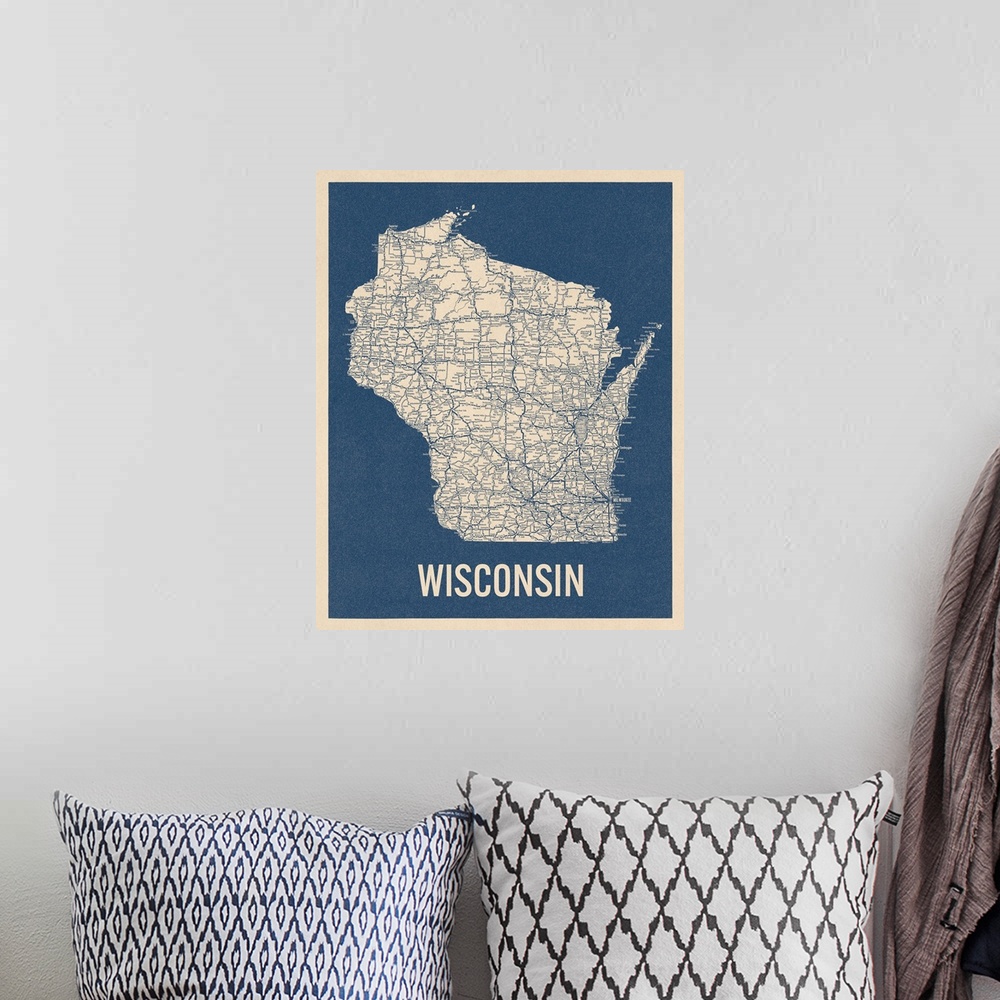 A bohemian room featuring Vintage Wisconsin Road Map 2