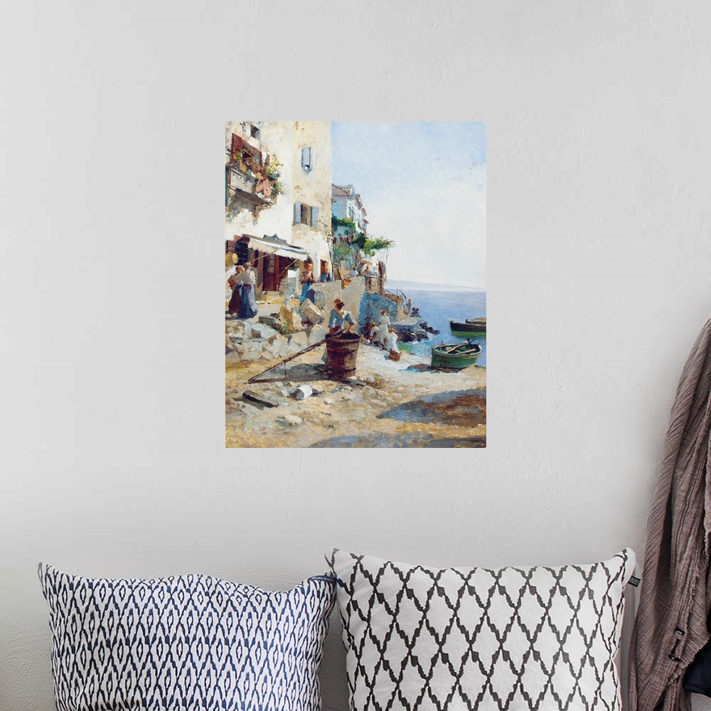 A bohemian room featuring A Sunny Day on the Amalfi Coast (oil on panel)