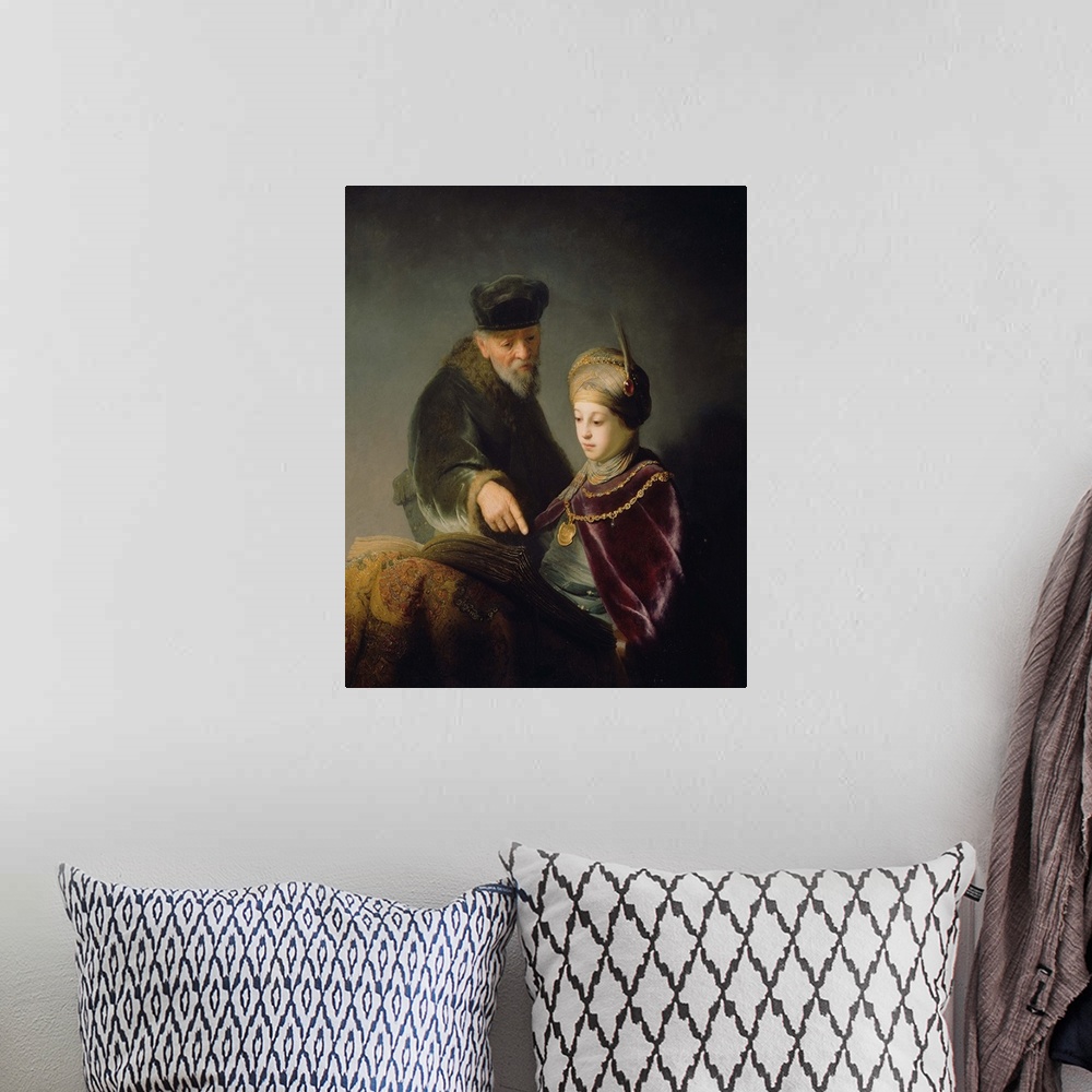 A bohemian room featuring Painting by Rembrandt of a young scholar and hist tutor.