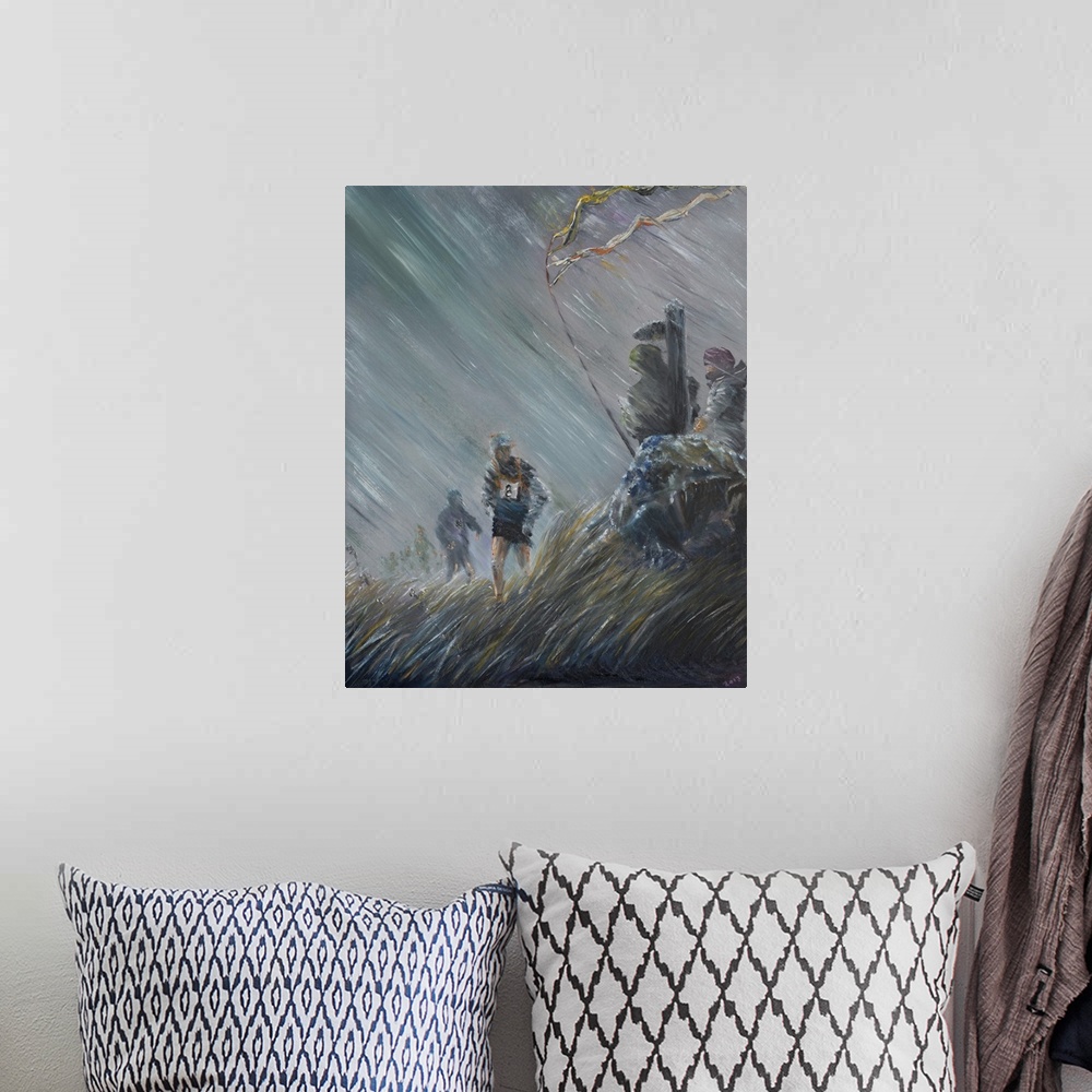 A bohemian room featuring Contemporary painting of soldiers pushing through a wall of rain in a storm.