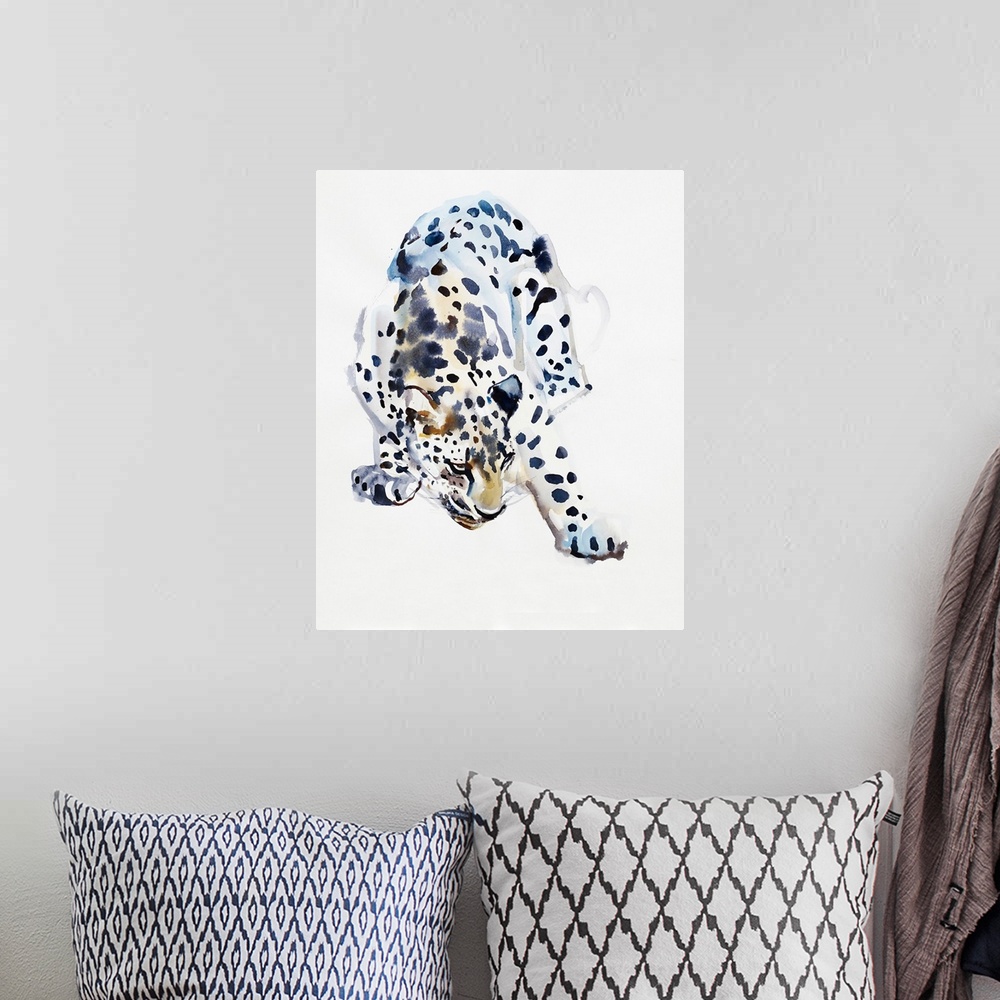 A bohemian room featuring Contemporary wildlife painting of an Arabian Leopard.