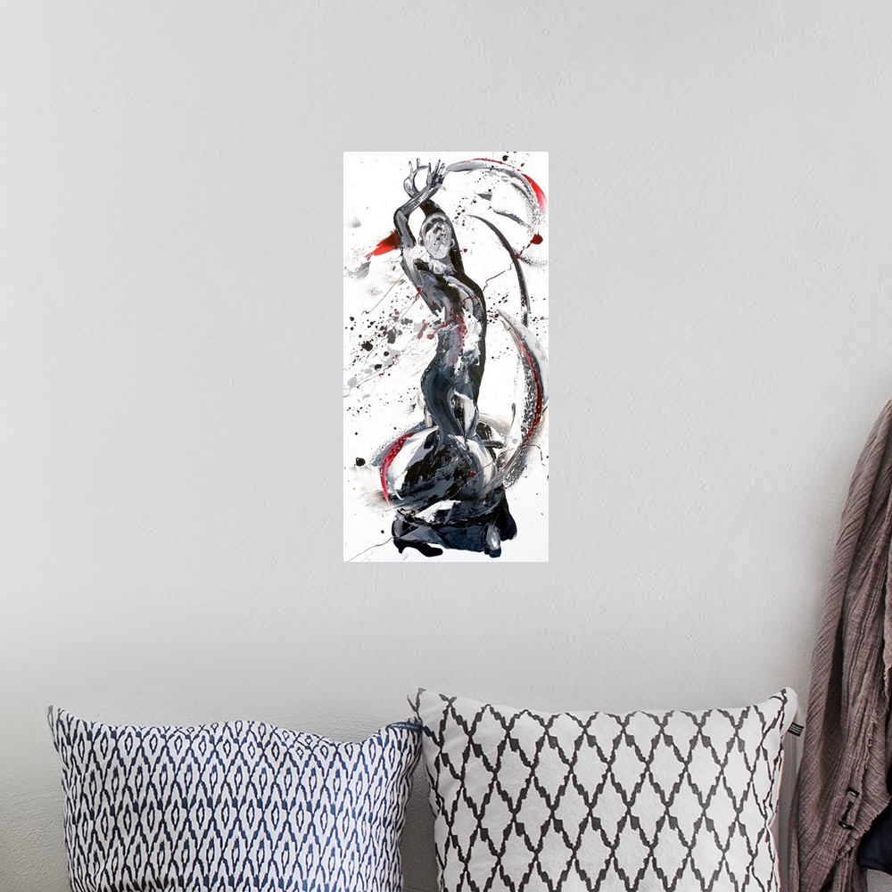A bohemian room featuring Contemporary painting using black and gray colors to create a woman dancing against a white backg...