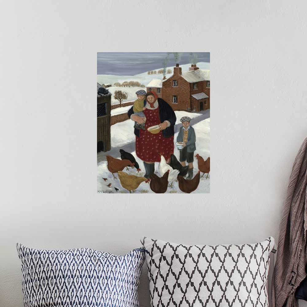 A bohemian room featuring Contemporary painting of a woman and two boys feeding chickens in the winter.