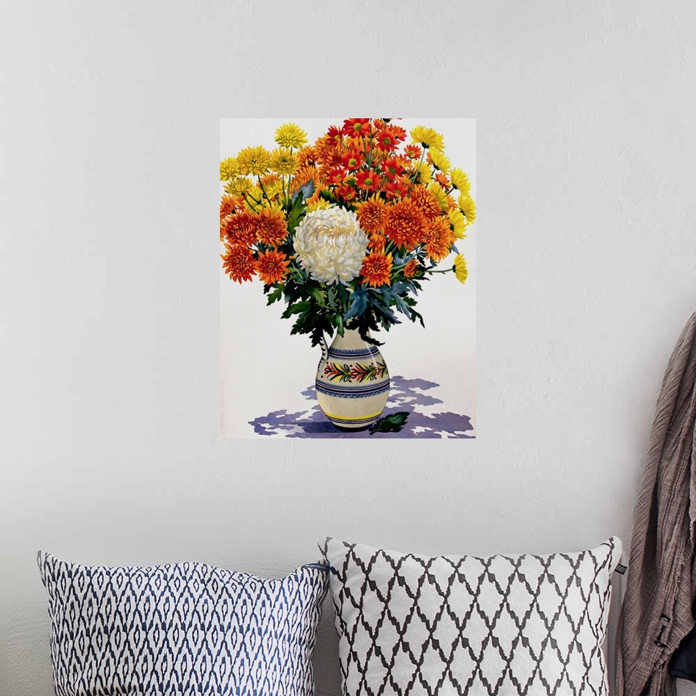 A bohemian room featuring Contemporary painting of a decorative vase holding a bouquet of flowers.