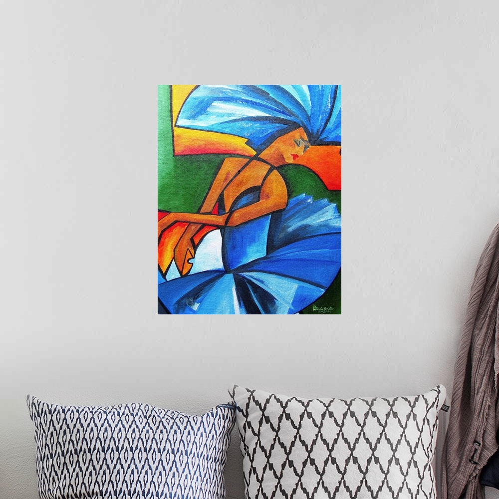 A bohemian room featuring Contemporary abstract painting of a dancer in a blue costume.