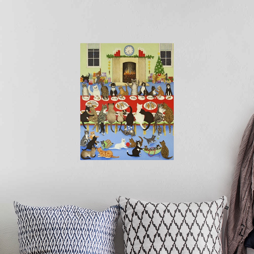 A bohemian room featuring Contemporary painting of several cats sharing a Christmas dinner.