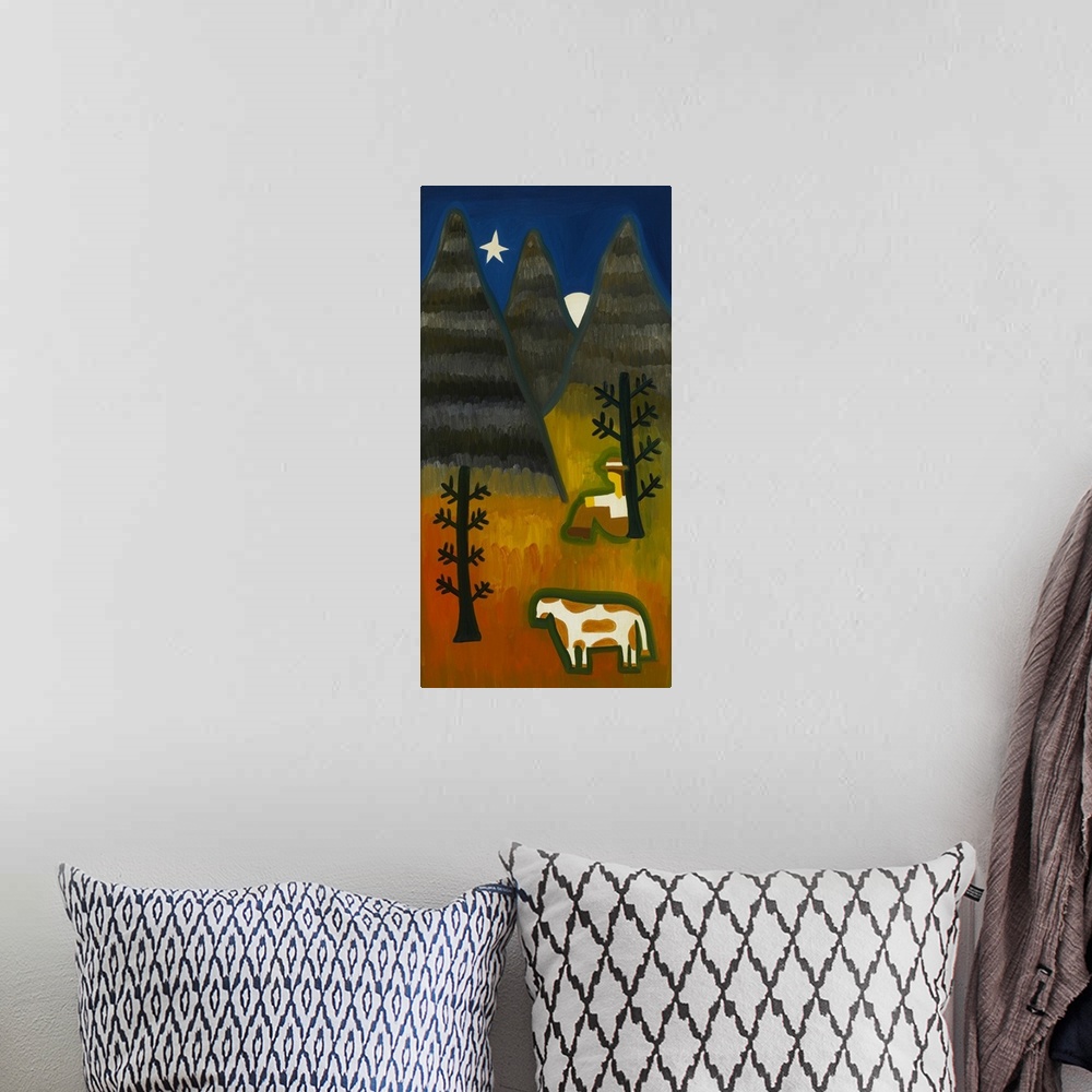A bohemian room featuring Contemporary painting of a man sitting in the forest with a cow at night.
