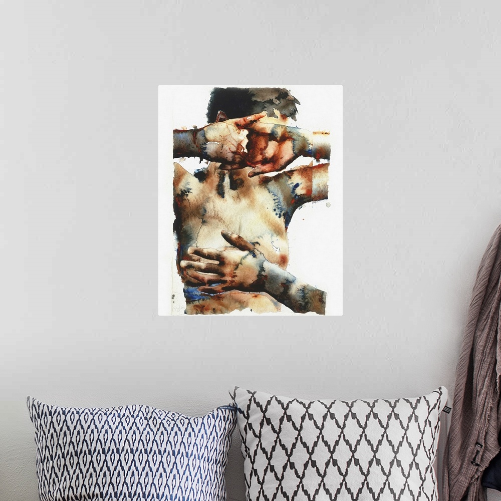 A bohemian room featuring Contemporary watercolor painting of a nude female figure with her hands over face and a hand from...