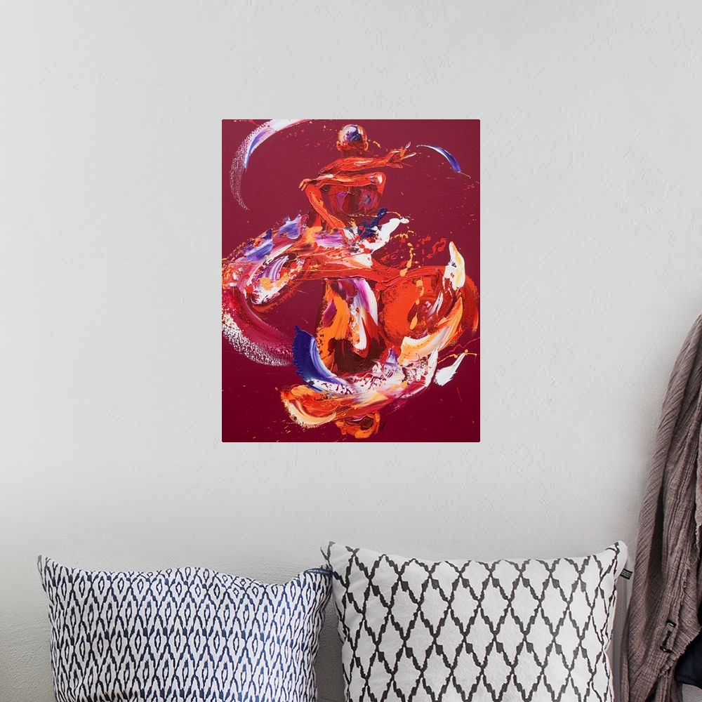 A bohemian room featuring Contemporary painting using deep warm colors to create a woman dancing against a dark red backgro...