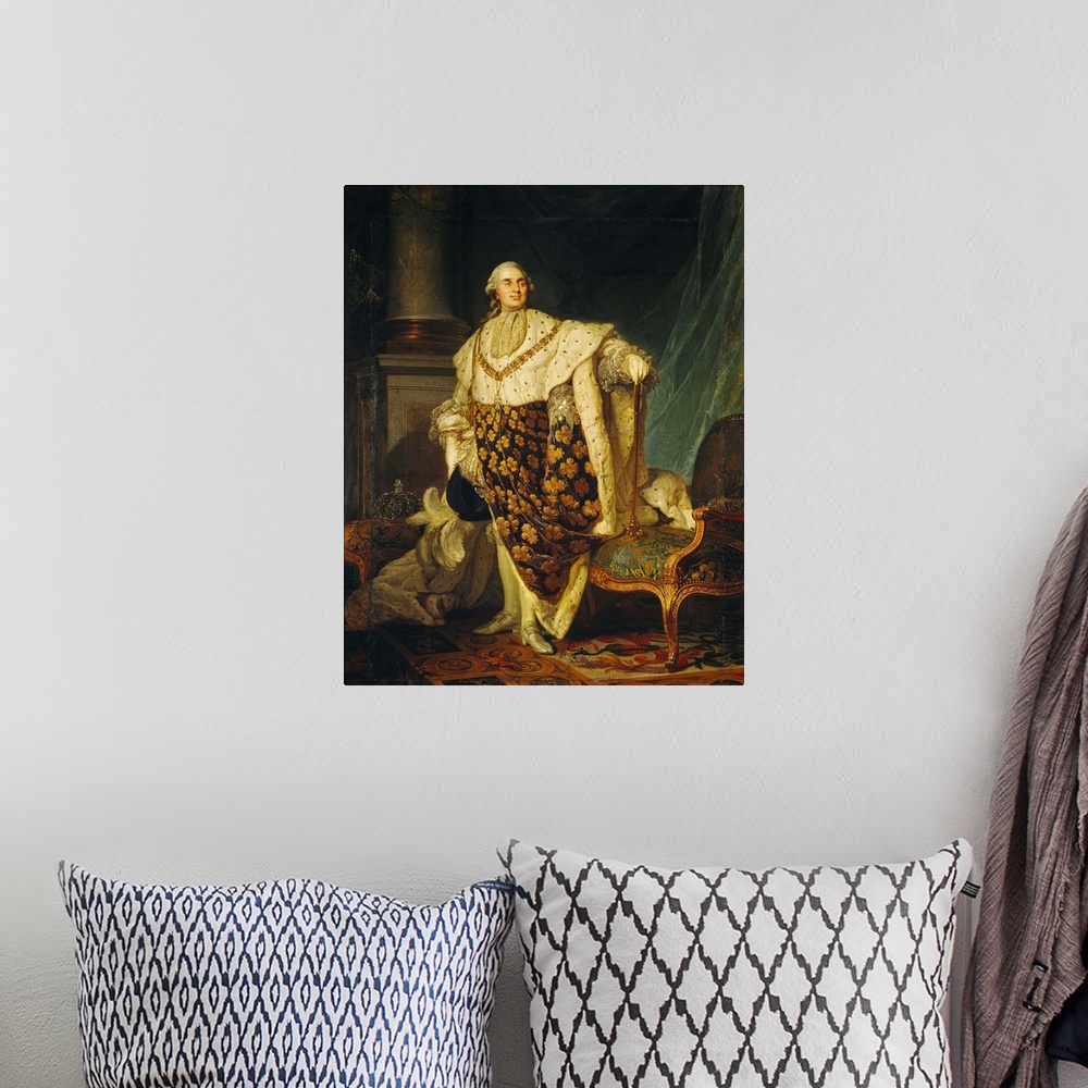 A bohemian room featuring XIR152731 Louis XVI (1754-93) King of France in Coronation Robes, 1777 (oil on canvas) by Dupless...