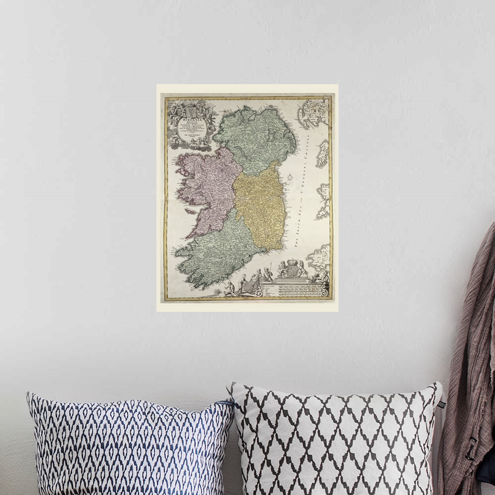 A bohemian room featuring An antique map of Ireland showing the Provinces of Ulster, Munster, Connaught and Leinster.