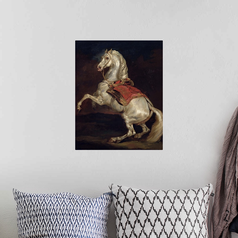 A bohemian room featuring This classical and historical art work is a vertical French painting depicting a magnificent hors...