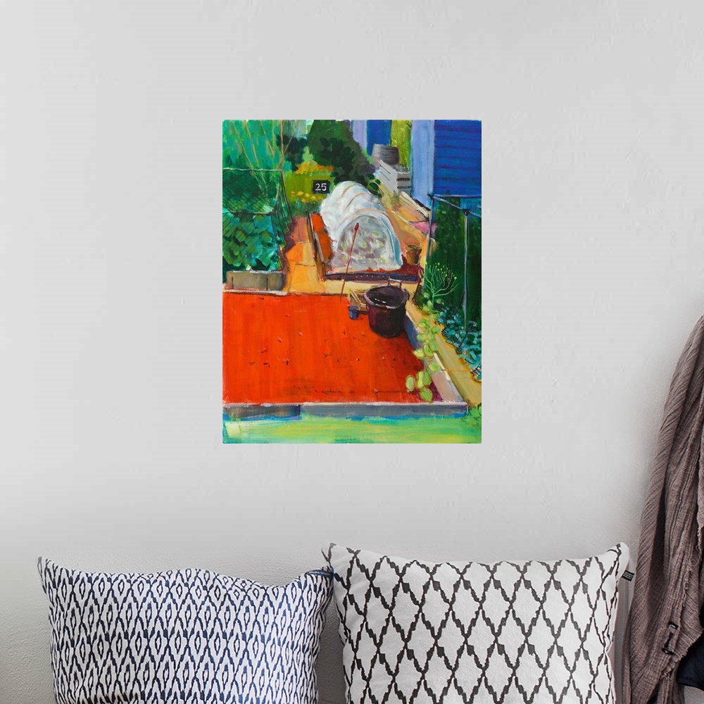 A bohemian room featuring Contemporary painting of a garden.
