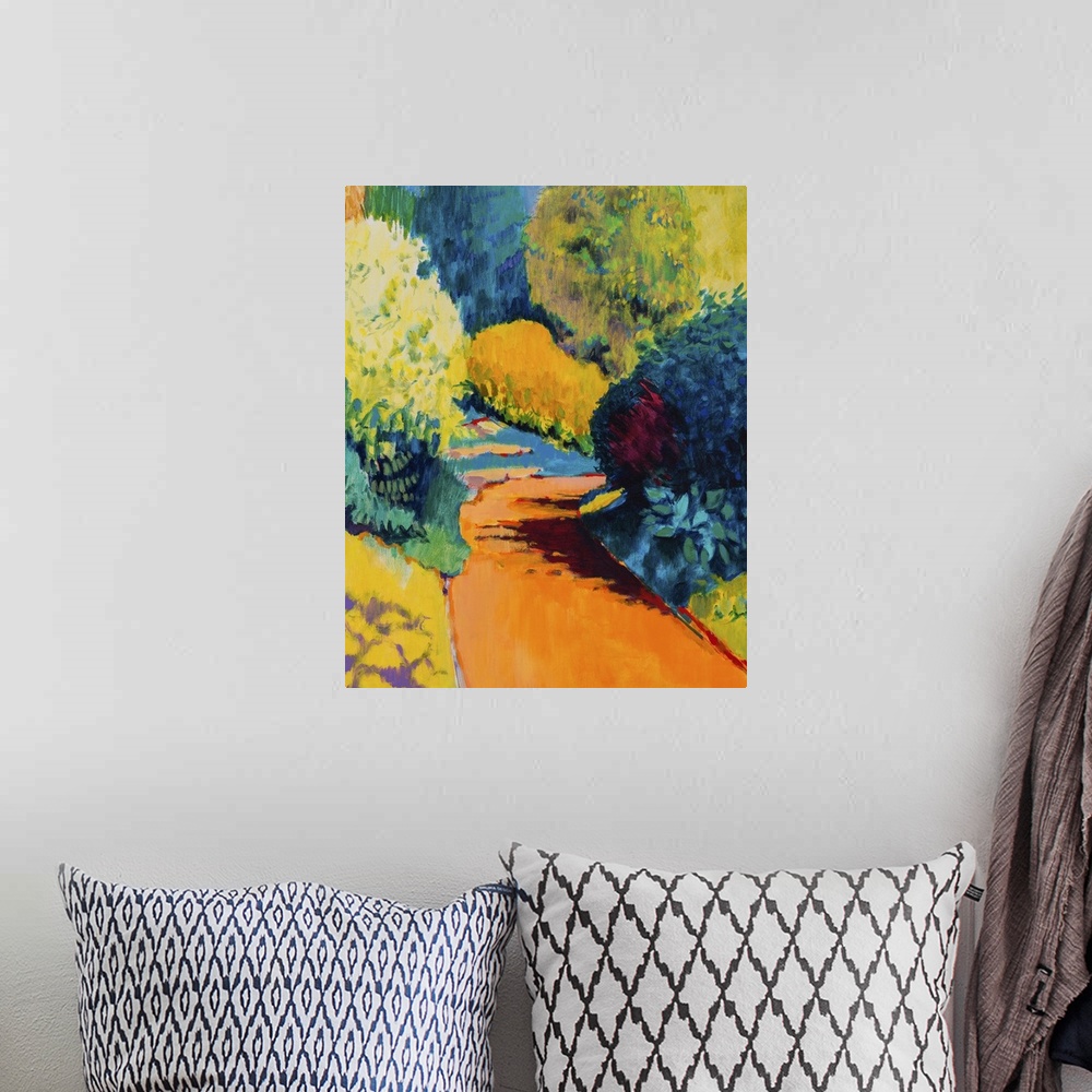 A bohemian room featuring Contemporary painting of a path leading into a park filled with colorful shrubbery.