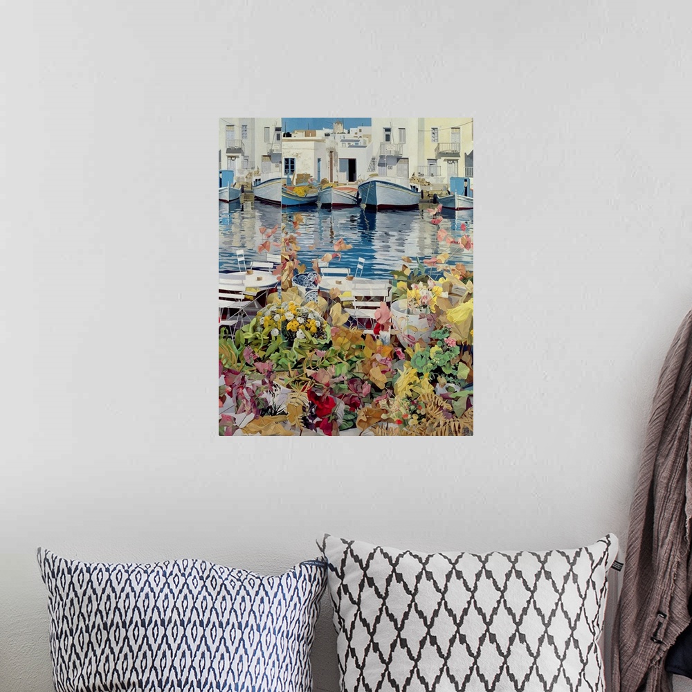 A bohemian room featuring Contemporary painting of boats in a harbor in Greece.