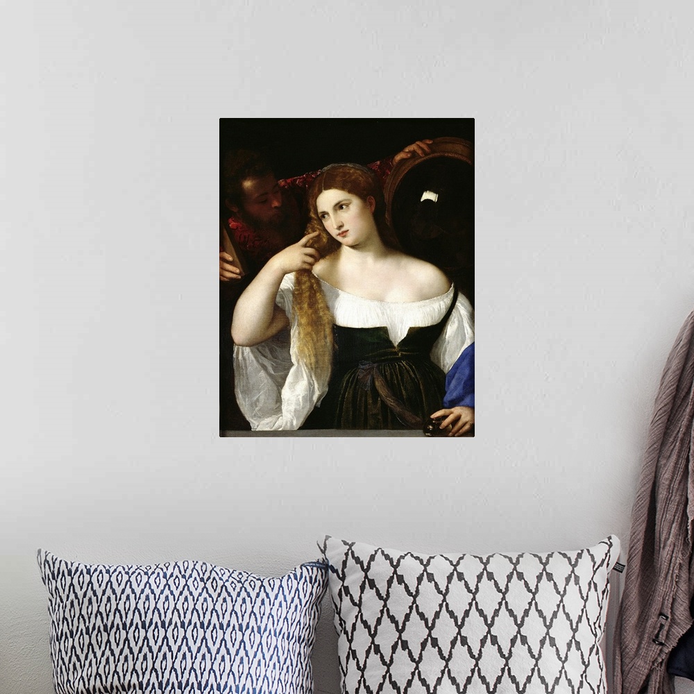 A bohemian room featuring XIR57328 Portrait of a Woman at her Toilet, 1512-15 (oil on canvas)  by Titian (Tiziano Vecellio)...