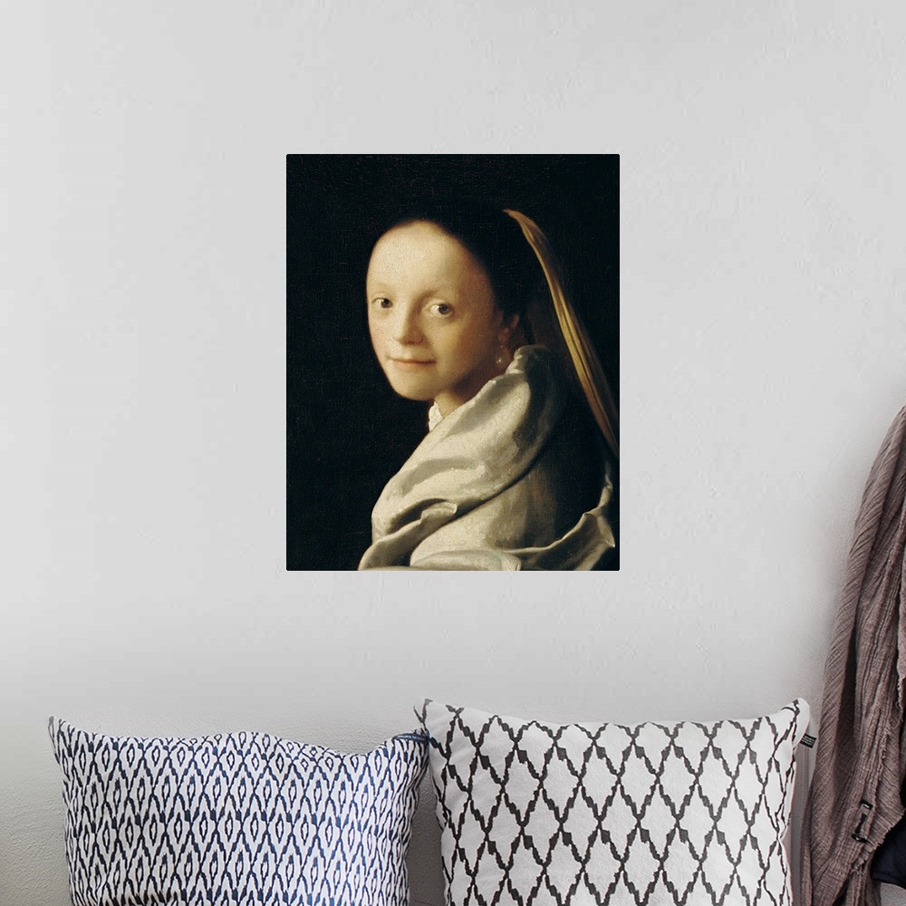 A bohemian room featuring XIR113451 Portrait of a Young Woman, c.1663-65 (oil on canvas)  by Vermeer, Jan (1632-75); 44x40 ...
