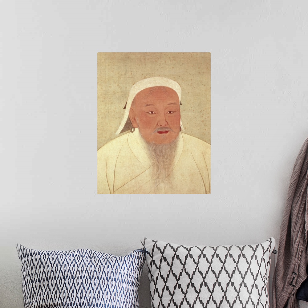 A bohemian room featuring XTD69948 Portrait of Genghis Khan (c.1162-1227), Mongol Khan, founder of the Imperial Dynasty, th...
