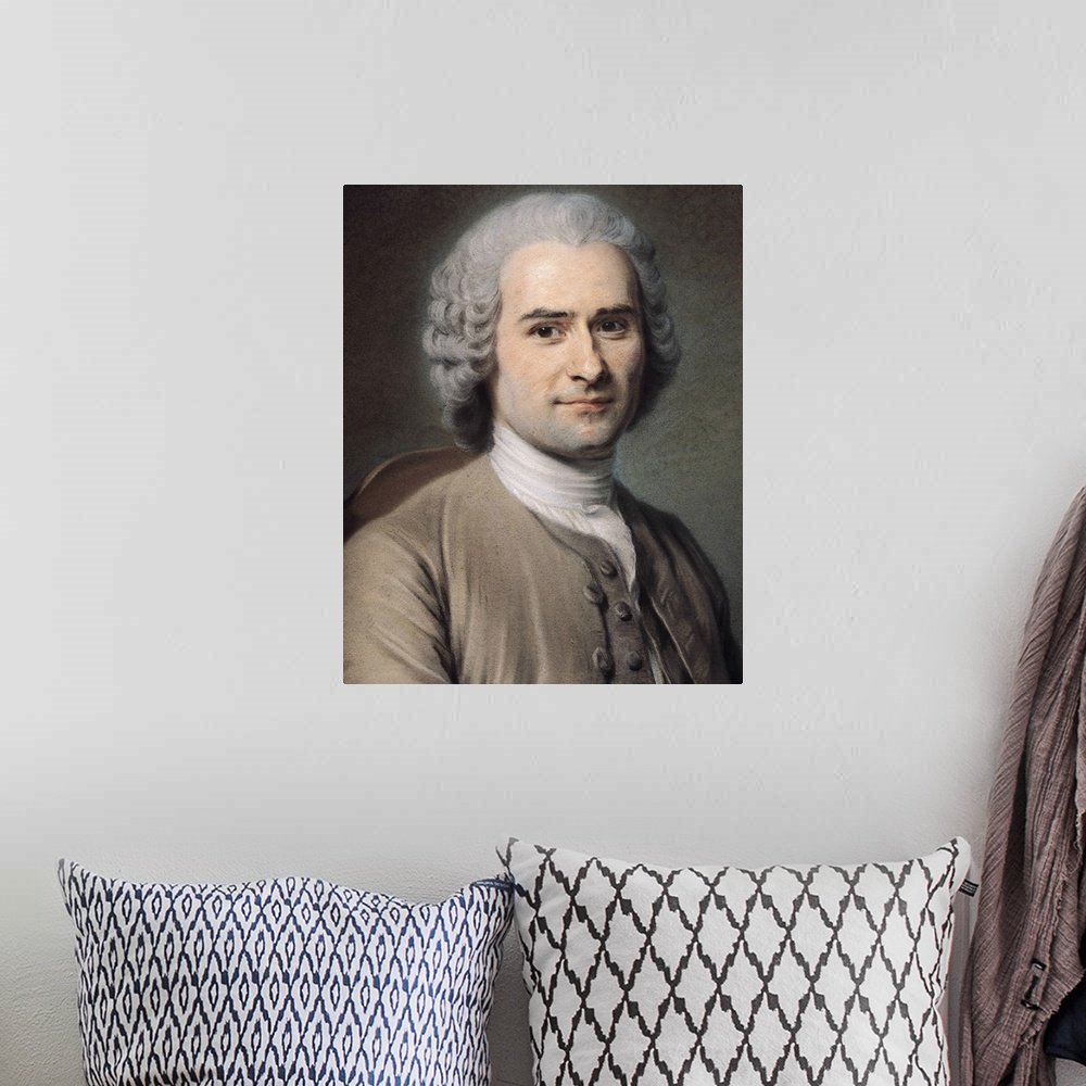 A bohemian room featuring XIR70897 Portrait of Jean Jacques Rousseau (1712-78) (pastel on paper); by Tour, Maurice Quentin ...