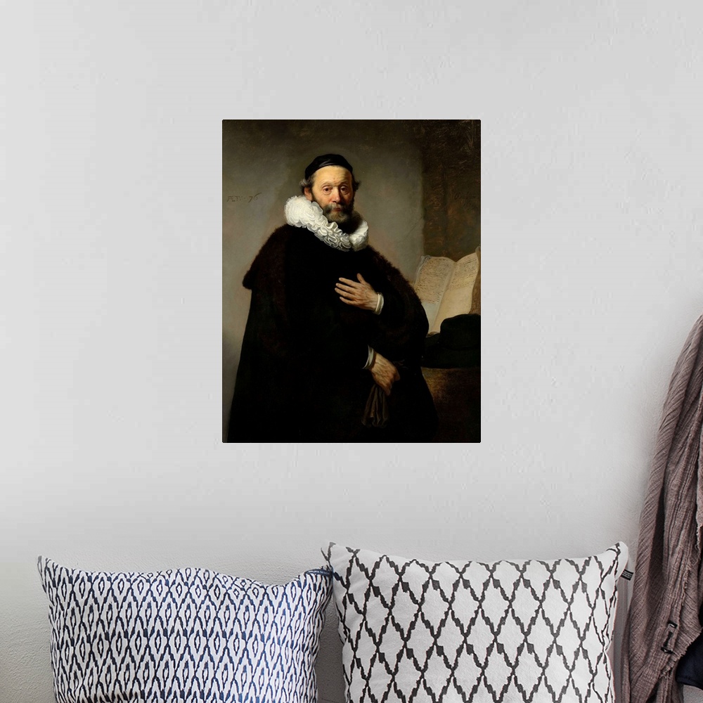 A bohemian room featuring Painting by Rembrandt of a portrait of Johannes Wtenbogaert.