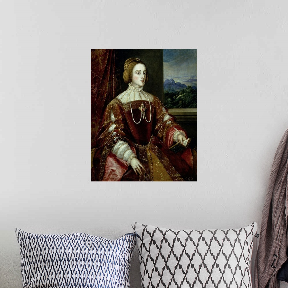 A bohemian room featuring XIR61237 Portrait of the Empress Isabella of Portugal, 1548; by Titian (Tiziano Vecellio) (c.1488...