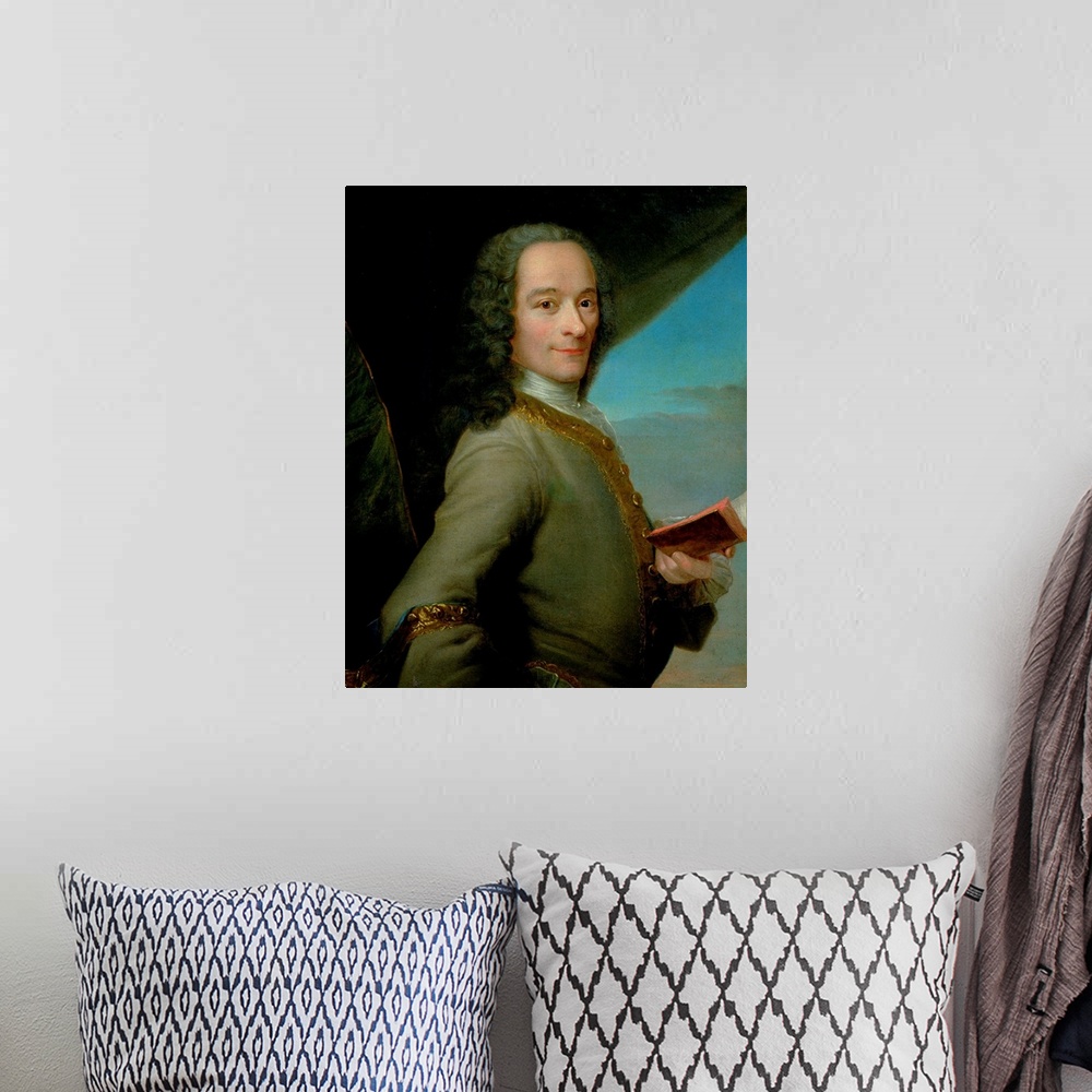 A bohemian room featuring XIR154627 Portrait of the Young Voltaire (1694-1778) (oil on canvas) by French School, (18th cent...