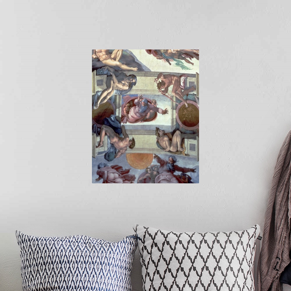 A bohemian room featuring BAL148864 Sistine Chapel Ceiling (1508-12): The Separation of the Waters from the Earth, 1511-12 ...