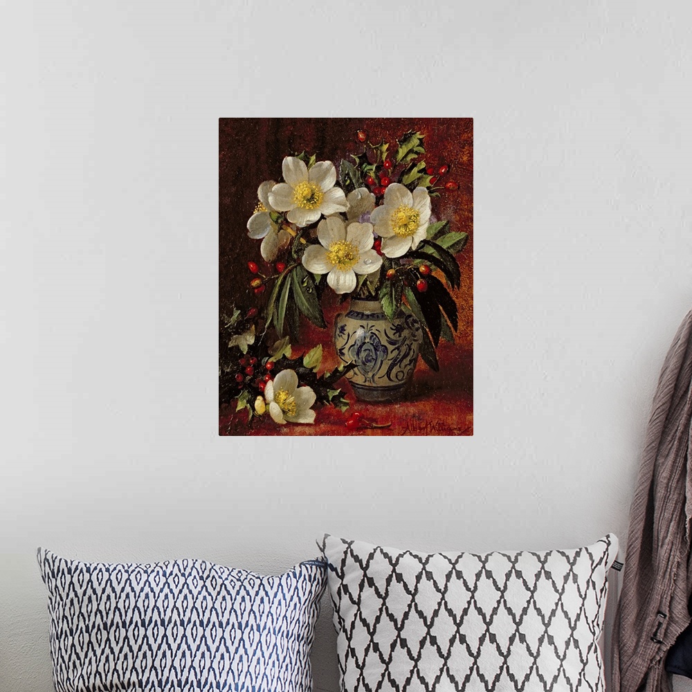 A bohemian room featuring Still Life of Christmas Roses and Holly