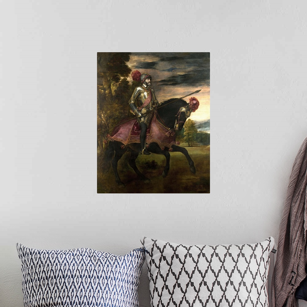 A bohemian room featuring XOS23261 The Emperor Charles V (1500-58) on Horseback in Muhlberg, 1548 (oil on canvas) by Titian...