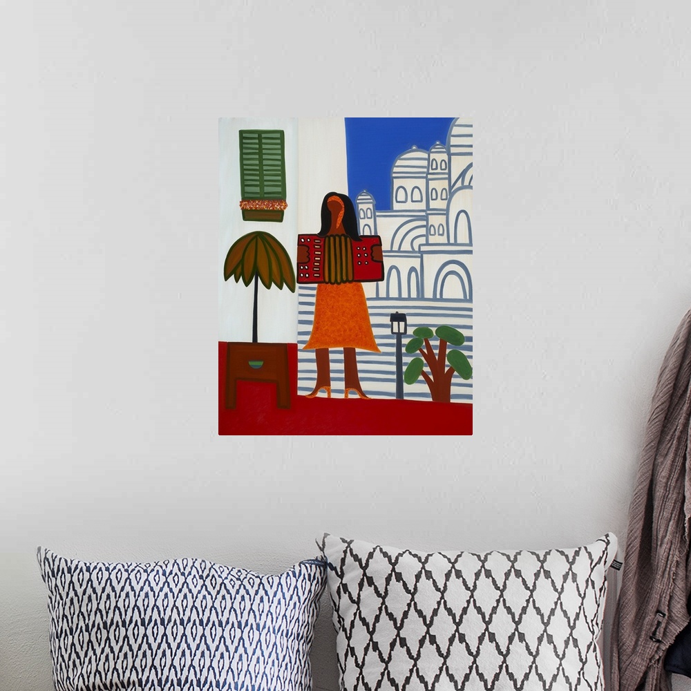 A bohemian room featuring Contemporary painting of a woman playing an accordion in Paris.