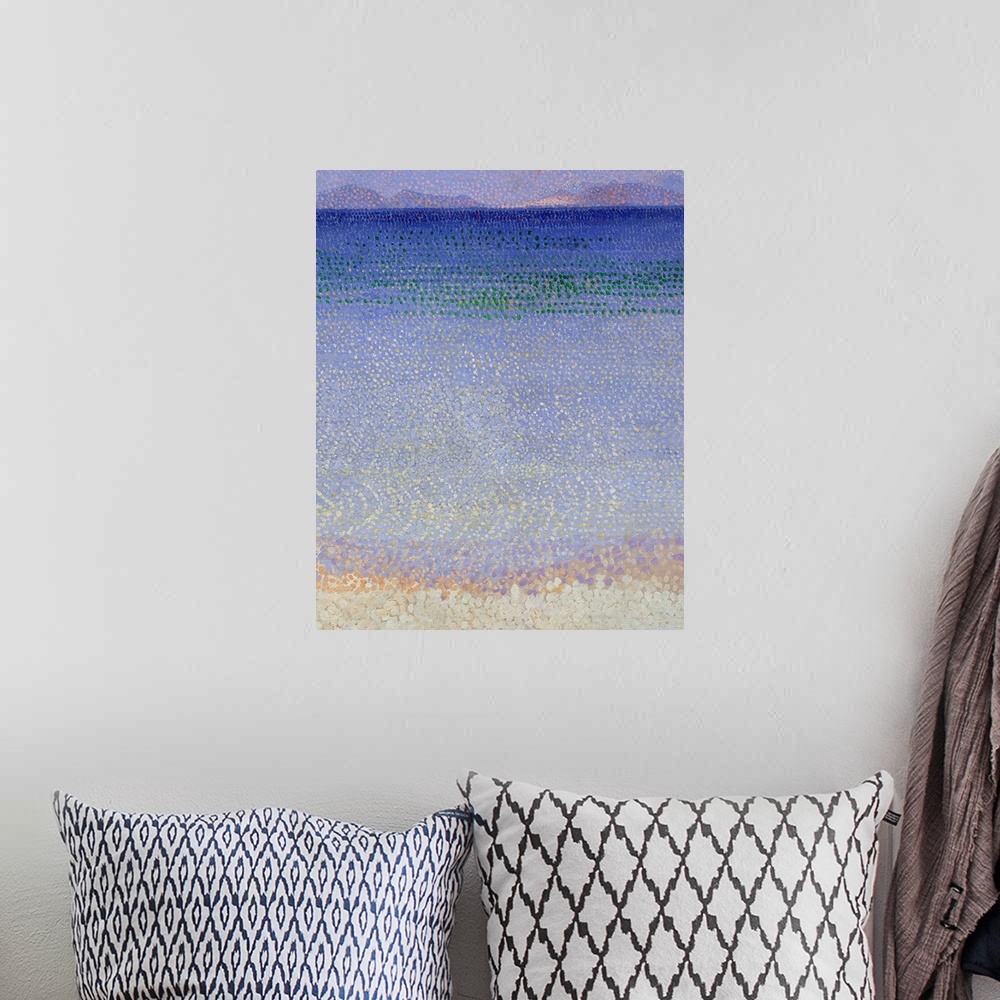 A bohemian room featuring This vertical painting created with pointillist dots shows a sandy beach, sea, and hilly islands ...