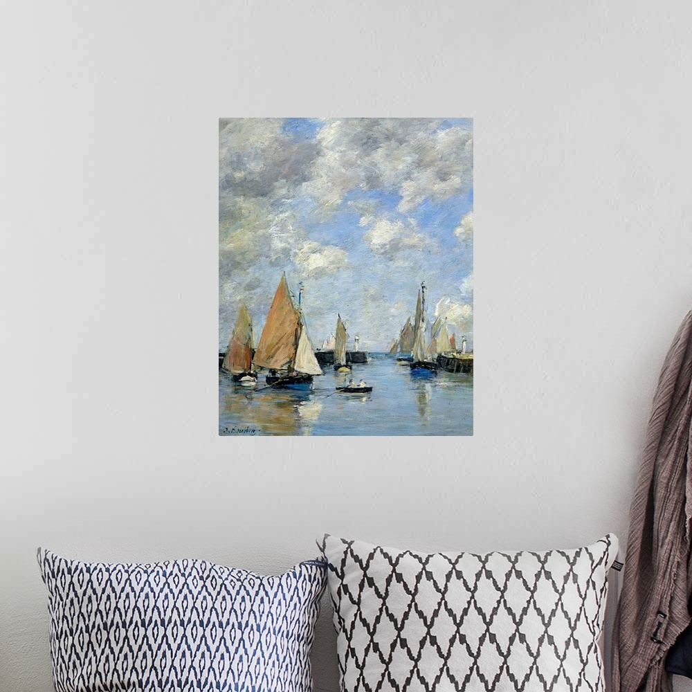 A bohemian room featuring Painting of boats floating in a harbor with puffy clouds in the sky and a brush like texture over...