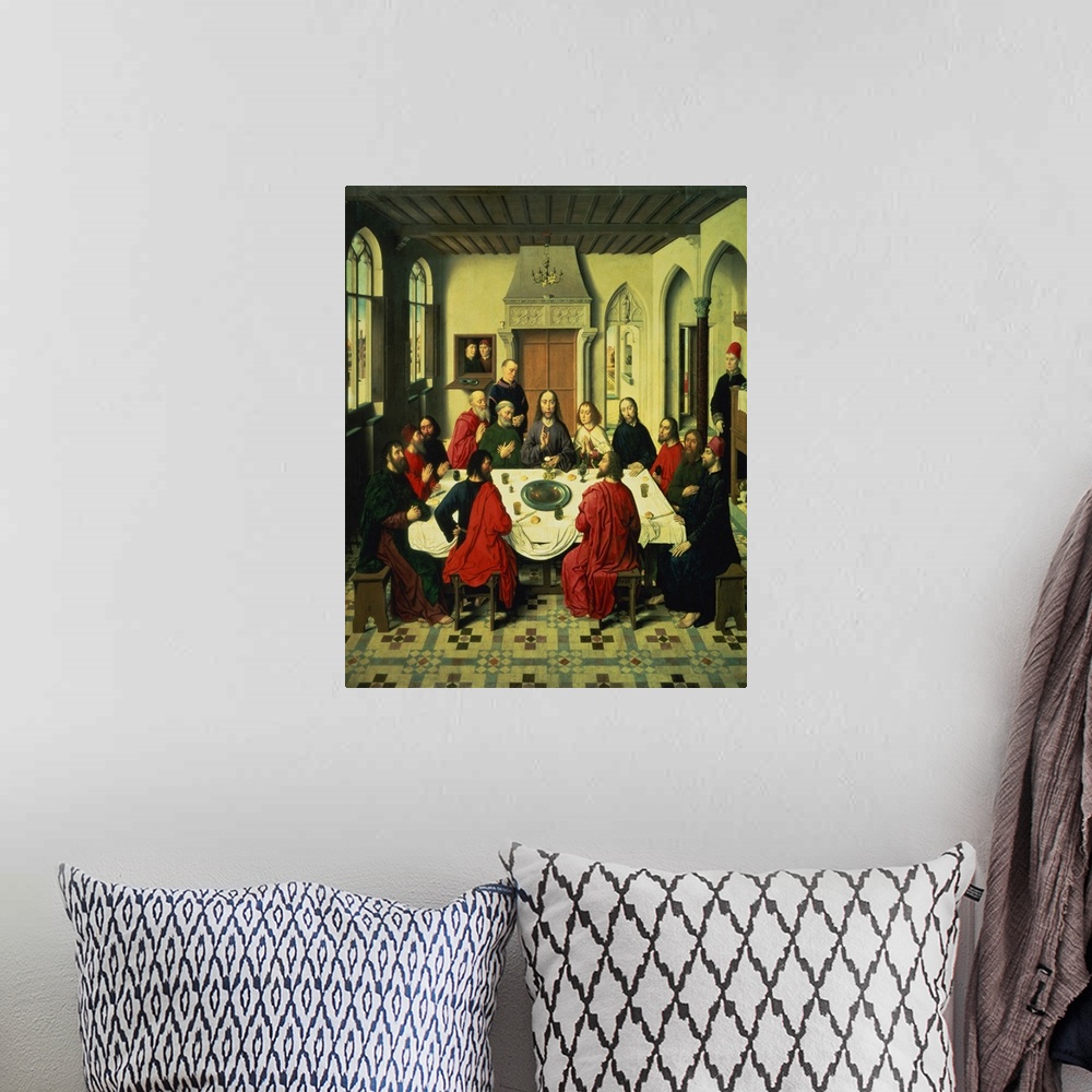 A bohemian room featuring XIR61314 The Last Supper, central panel from the Altarpiece of the Last Supper, 1464-68 (oil on p...