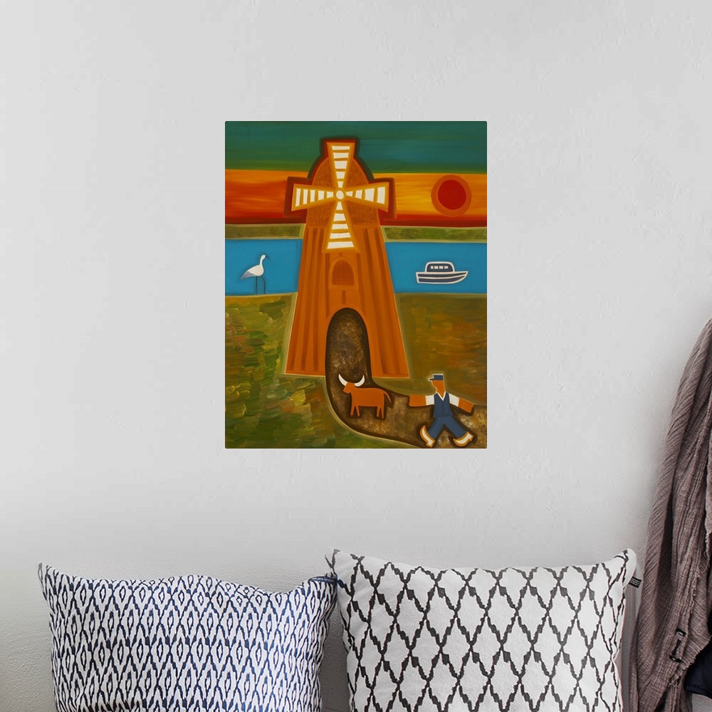 A bohemian room featuring Contemporary art of a windmill by a river.