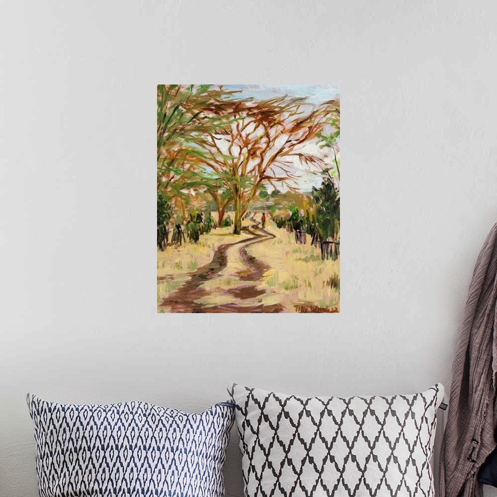 A bohemian room featuring Contemporary painting of tracks through the Kenyan landscape.