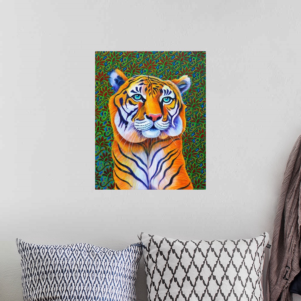 A bohemian room featuring Tiger, 2018, (originally oil on canvas) by Tattersfield, Jane