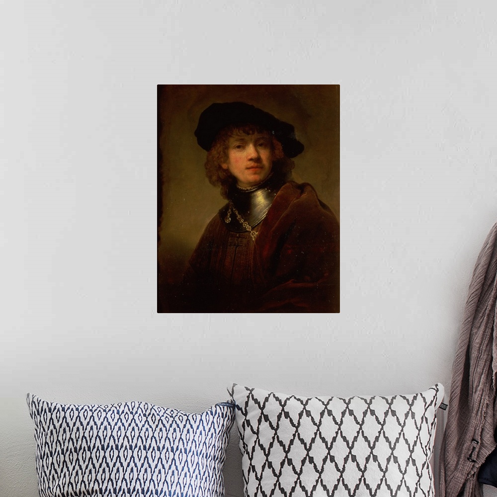 A bohemian room featuring XIR30289 'Tronie' of a Young Man with Gorget and Beret, c.1639 (oil on panel); by Rembrandt Harme...