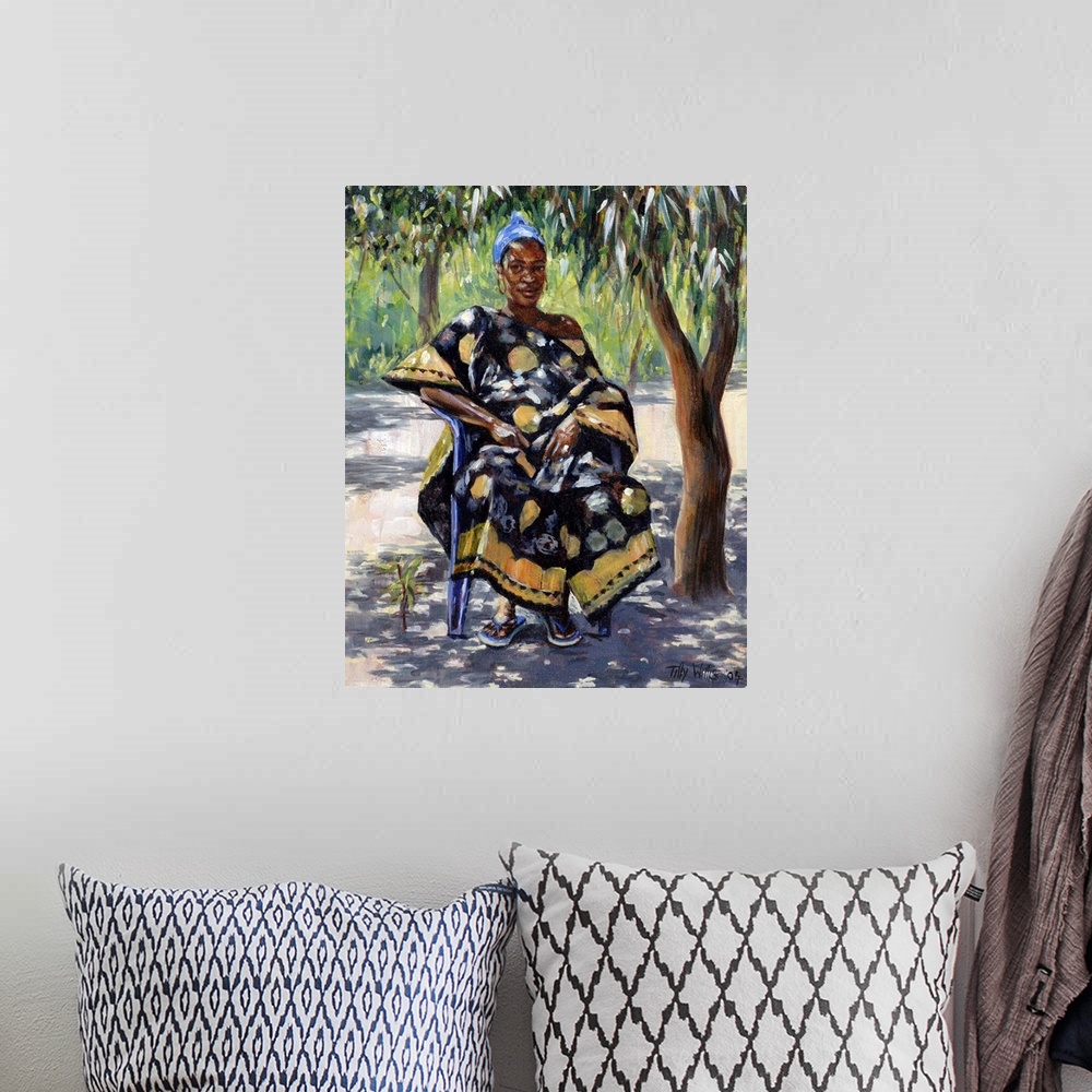 A bohemian room featuring This contemporary artwork is of a woman wearing a colorful dress sitting beneath trees that shade...