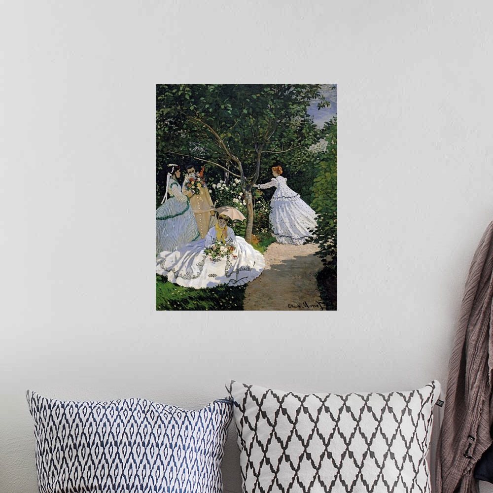 A bohemian room featuring Classic oil painting by Claude Monet of four ladies surrounded by flowers and greenery.