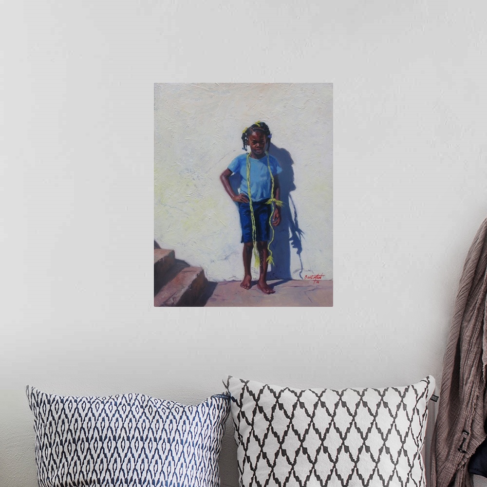 A bohemian room featuring Contemporary painting of a girl with a yellow rope around her shoulders standing against a wall.