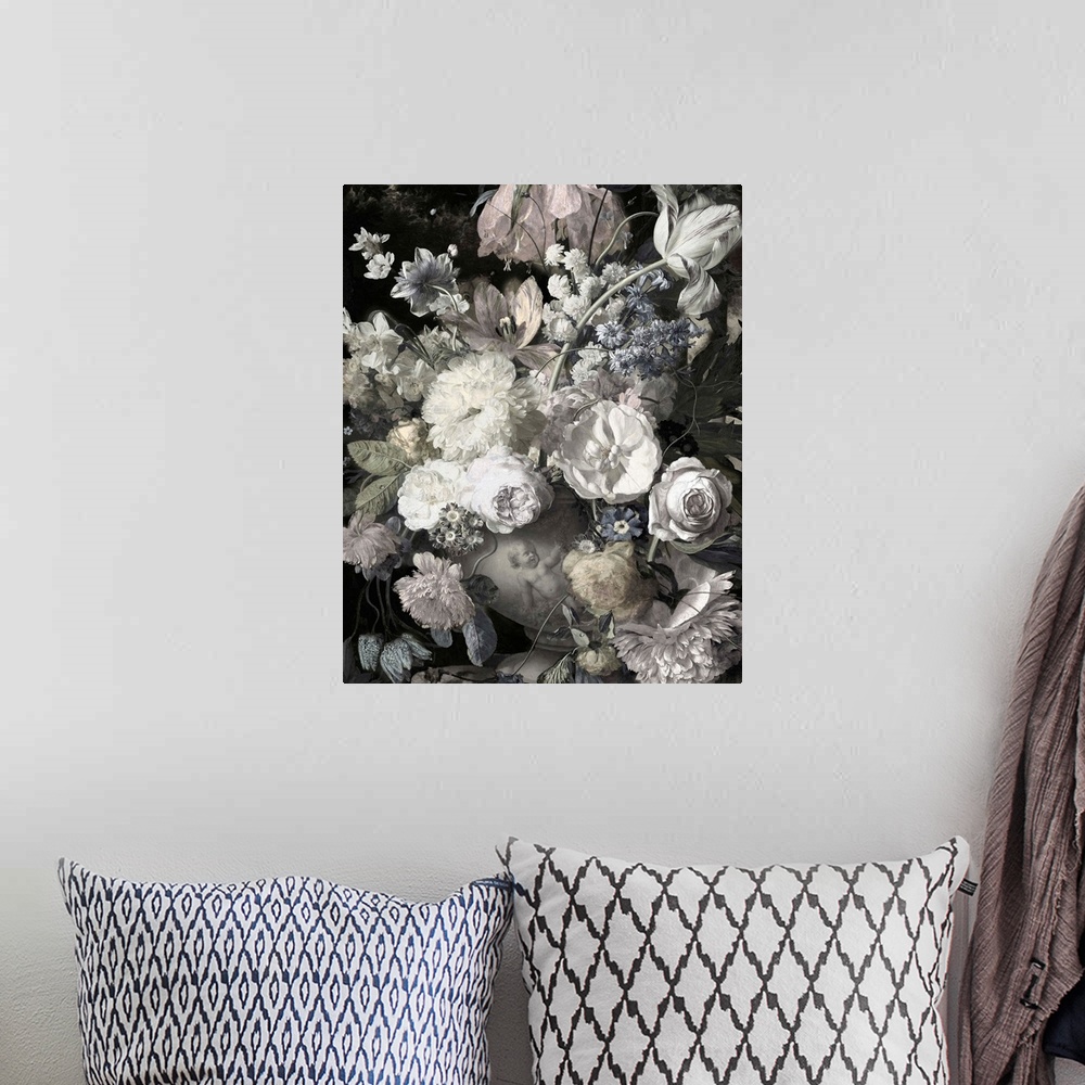 A bohemian room featuring Desaturated artwork showing a romantic bouquet of flowers in a vase with a cherub on it over a da...