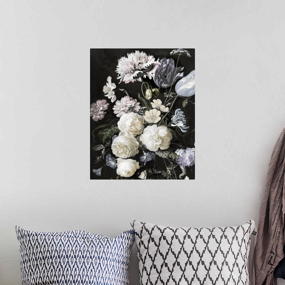 A bohemian room featuring Desaturated artwork showing a romantic bouquet of flowers in a vase  over a dark background.