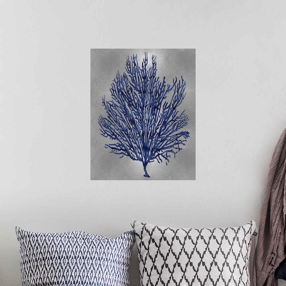 A bohemian room featuring Indigo silhouette of coral on a silver background.