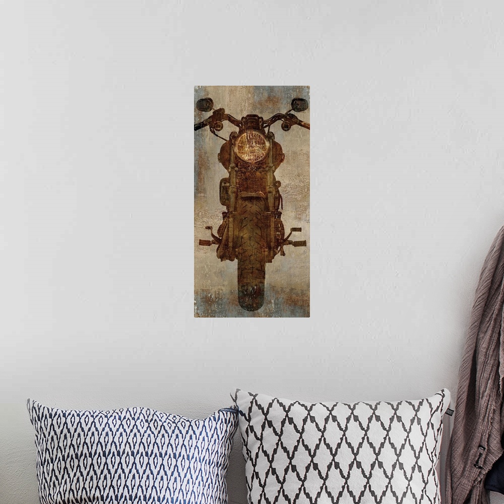 A bohemian room featuring Panel decor with a vintage illustration of a motorcycle in sepia and gold tones.