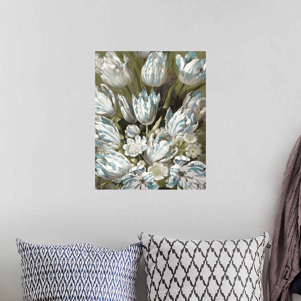 A bohemian room featuring This romantic artwork features a tulip bouquet of white flowers with aqua accents against a subdu...