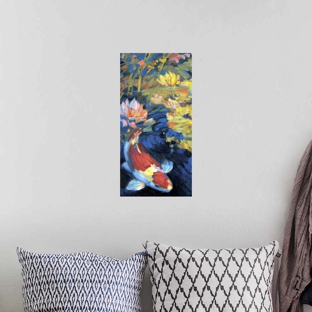A bohemian room featuring Contemporary painting of a koi fish swimming under waterlilies.