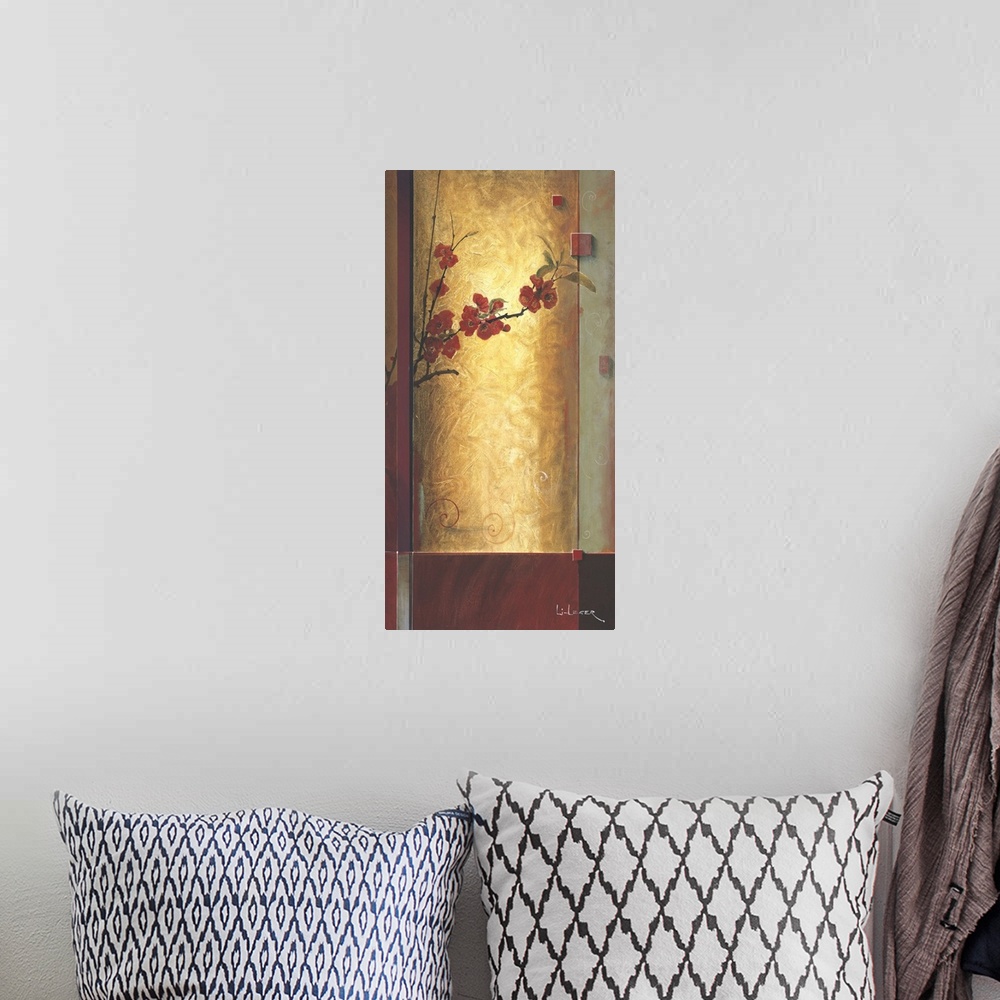 A bohemian room featuring A contemporary painting with red cherry blossoms bordered with a square grid design.