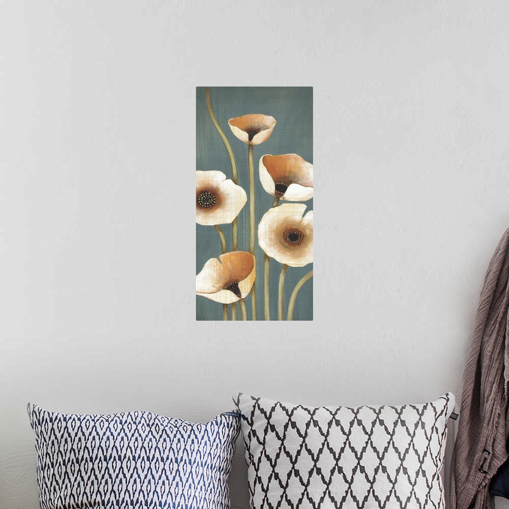 A bohemian room featuring Vertical painting of a group of flowers in muted earth tones.
