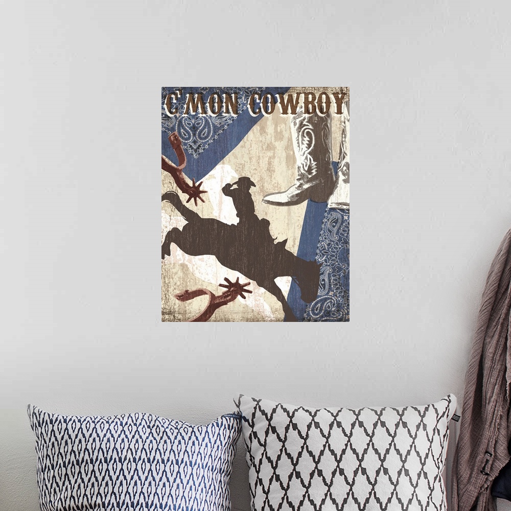 A bohemian room featuring "C'Mon Cowboy" artwork with cowboy boots, spurs, bandana and a man riding a horse.