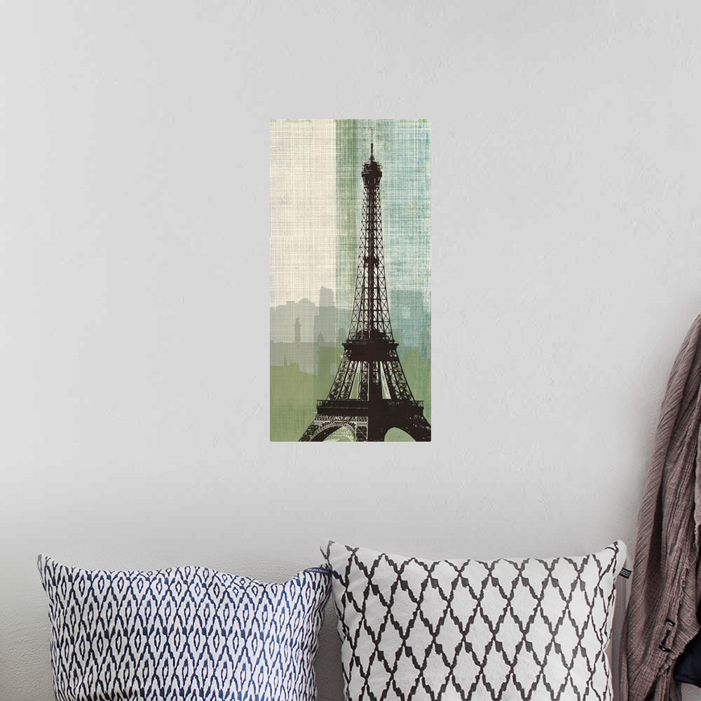 A bohemian room featuring A vertical digital illustration of the Eiffel Tower with a city backdrop in a weaved textured eff...